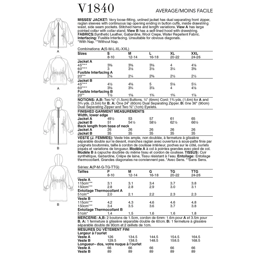 V1840 Misses' Jacket (S- M-L-XL-XXL)