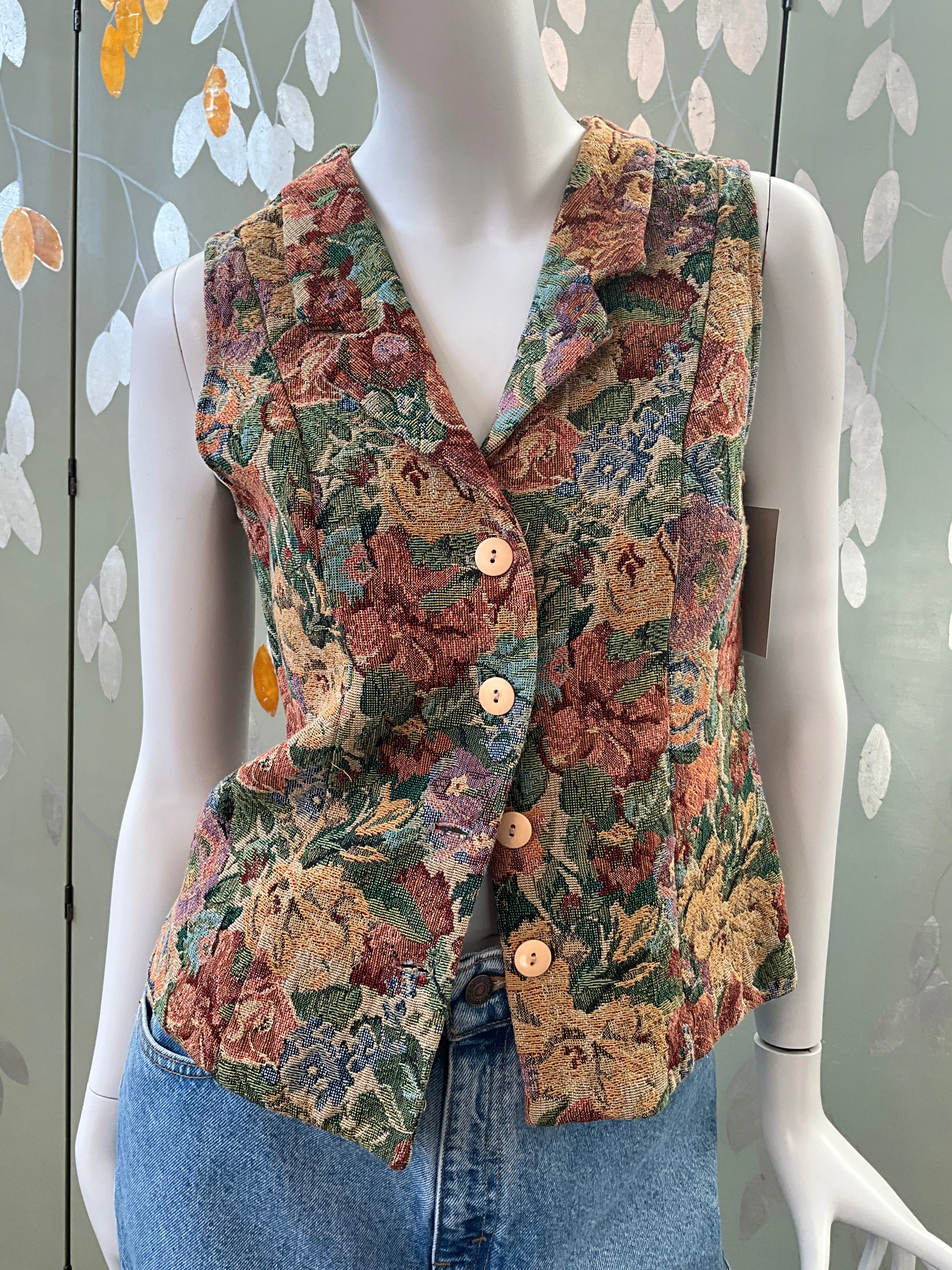 Vintage 1990s Floral Tapestry Waistcoat, Small