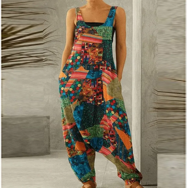 Vintage Print Oversized Suspender Jumpsuit