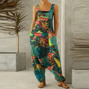 Vintage Print Oversized Suspender Jumpsuit