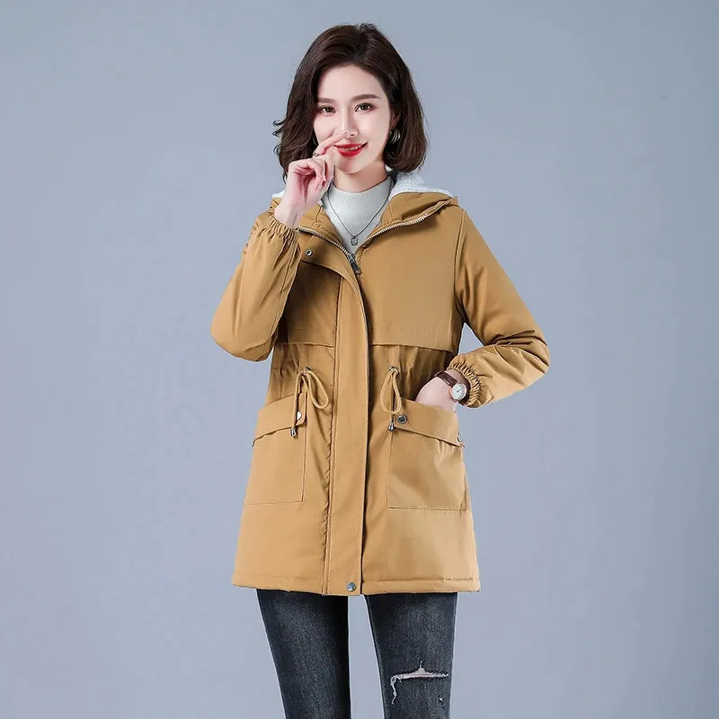 Winter Jacket Cotton Warm Puffer Coat Women Casual Parkas With Lining Plush hooded trench Outwear Women's Clothes