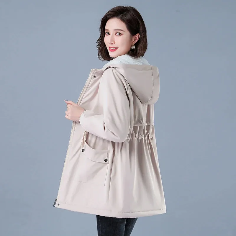 Winter Jacket Cotton Warm Puffer Coat Women Casual Parkas With Lining Plush hooded trench Outwear Women's Clothes