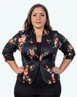 Women's 3/4 sleeve floral print ruched blazer jacket.