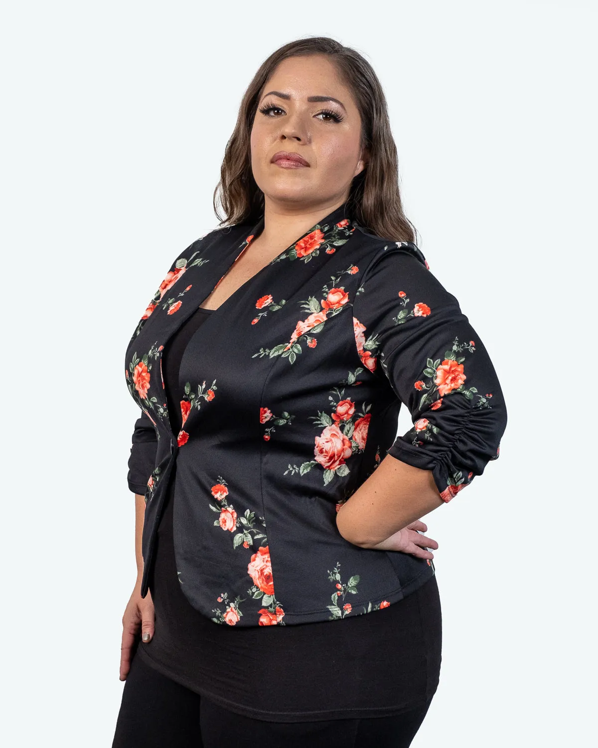 Women's 3/4 sleeve floral print ruched blazer jacket.