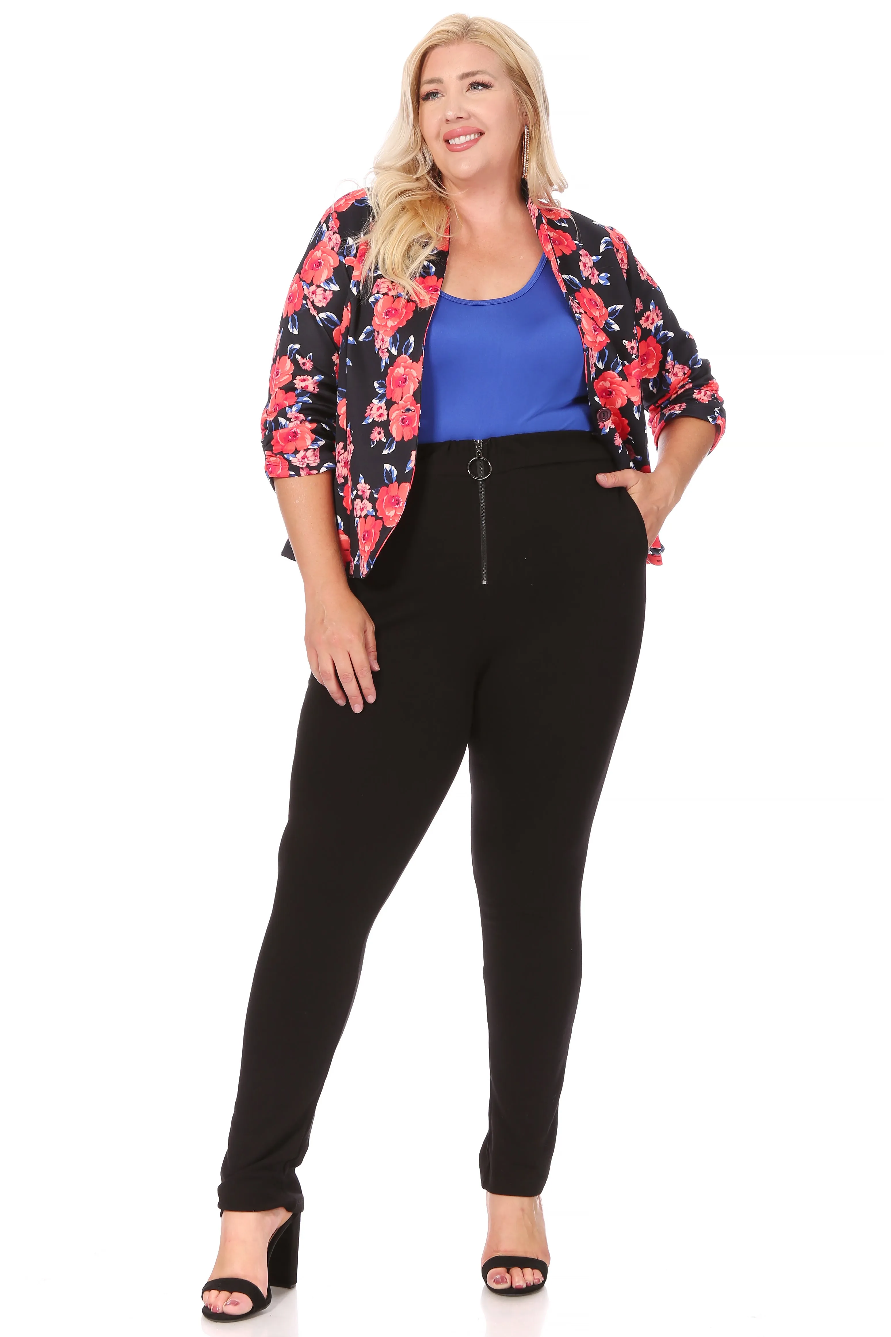 Women's 3/4 sleeve floral print ruched blazer jacket.