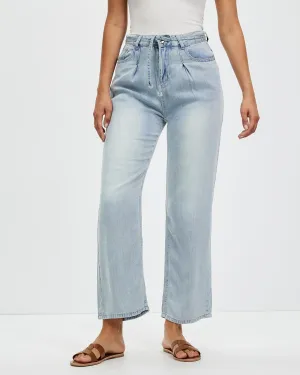 Women's Classic Denim Jeans Wide Leg Elastic High Waist Drawstring Pants with Pockets - Mtryle Pants